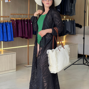 Saída de Praia Longa Mangas Comprida Jacquard Aysha Preto